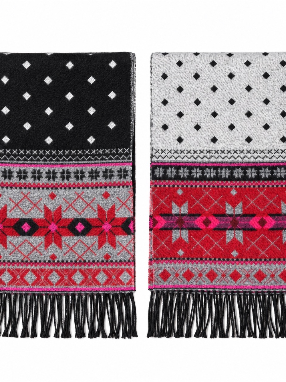 Reversible Geometric Fringe Scarf Black Gray Red Pink
